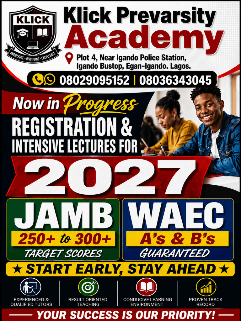 Looking for a Tutorial Centre for 2027 JAMB, WAEC & NECO Around Igando, Ikotun & Isheri? 2027 JAMB tutorial classes at KLICK Prevarsity Academy Igando Lagos